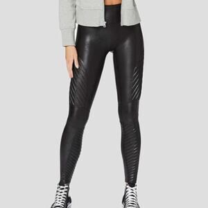 Spanx Womens Faux Leather Moto Leggings Power Waistband High Gloss Black Medium